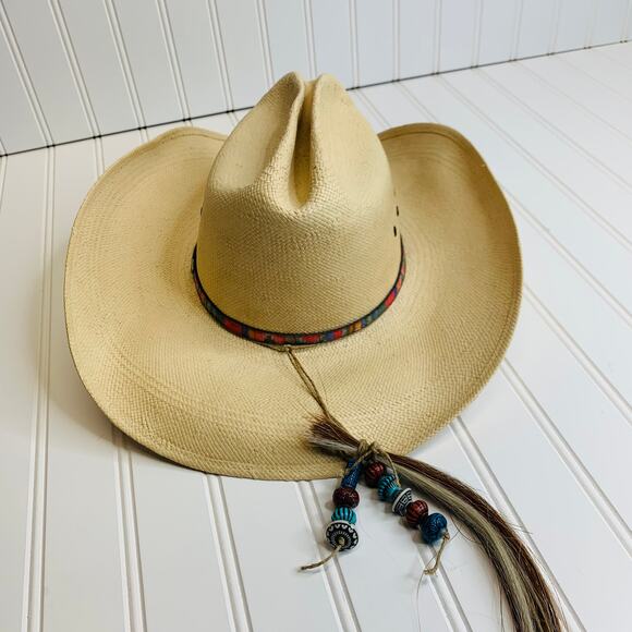 Miller Bros Western Hat Straw Beads Horsehair  Banded Sz 6 7/8 - Picture 6 of 11